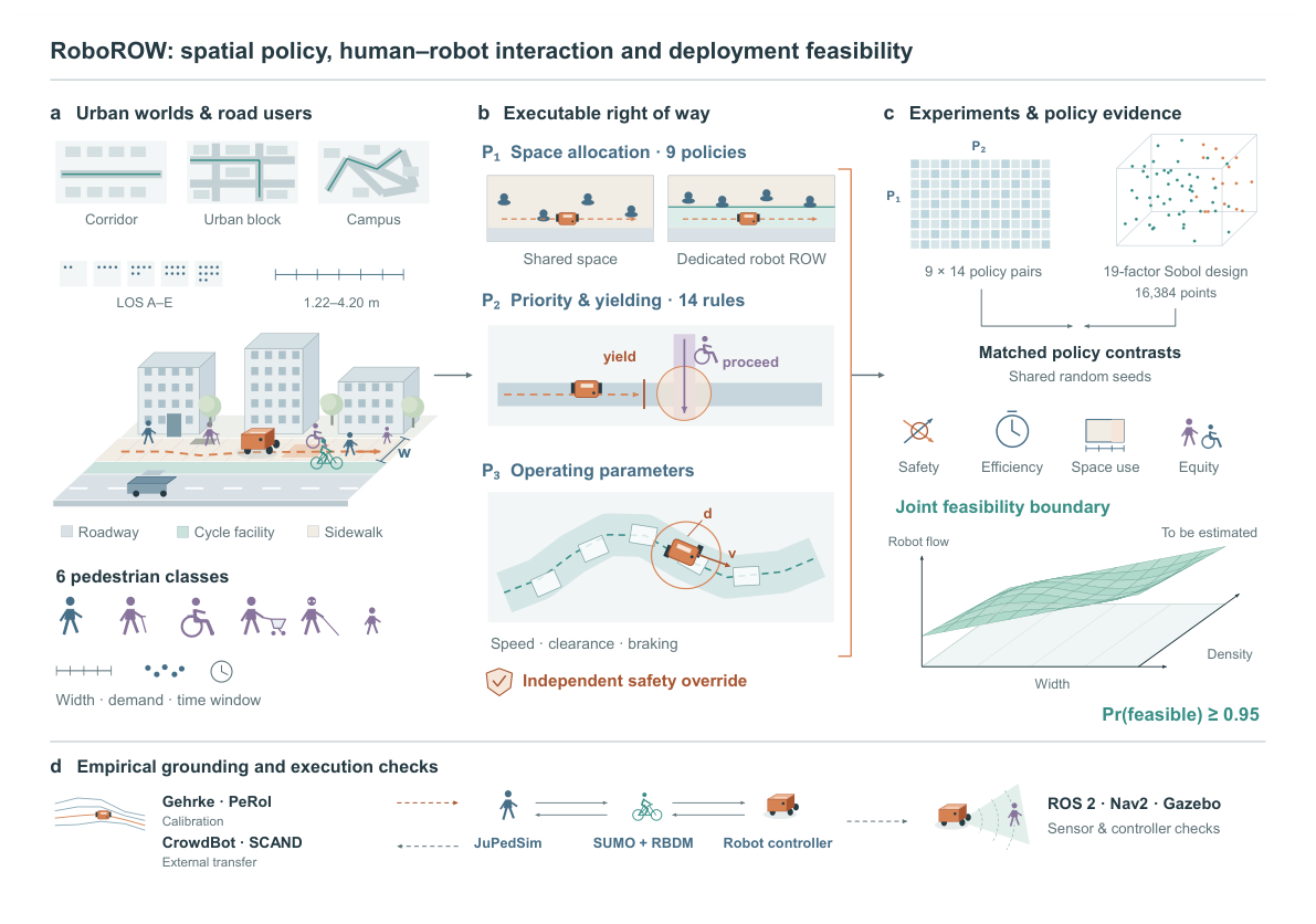 RoboROW research framework: urban worlds and road users, executable right of way, and experiments and policy evidence